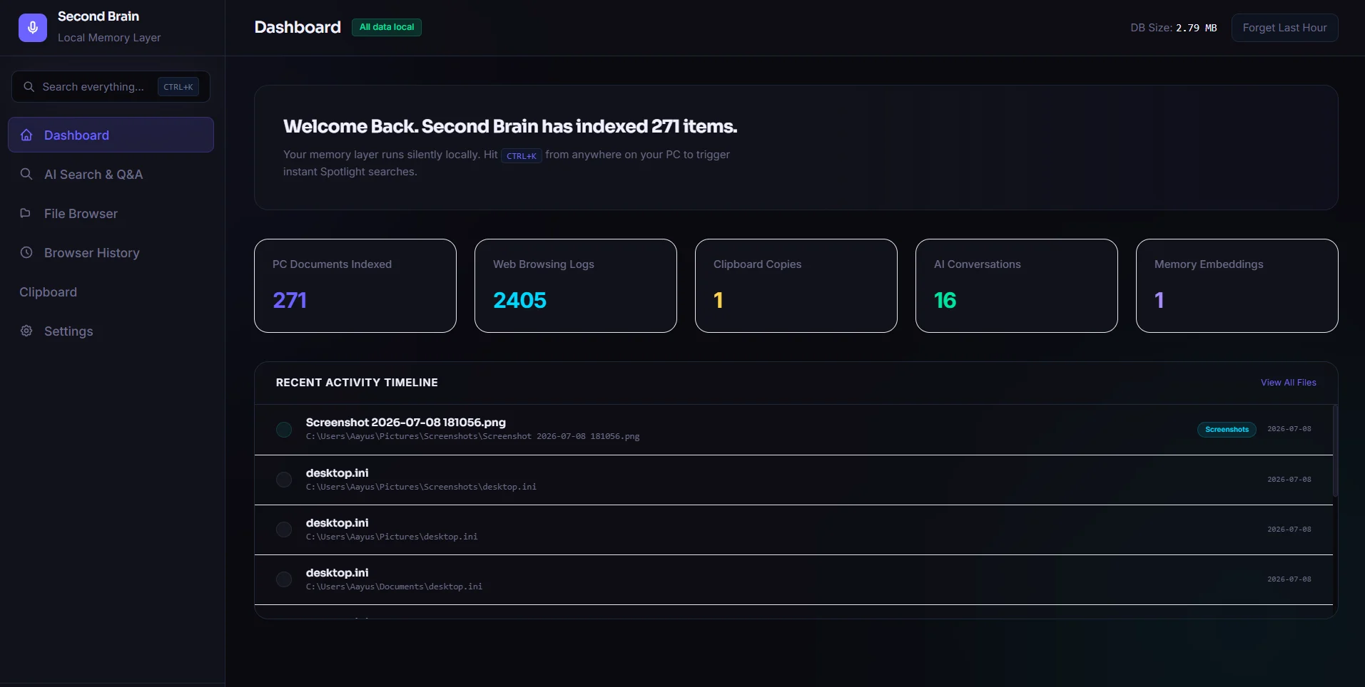 Second Brain dashboard showing indexed documents, browser logs and a recent activity timeline